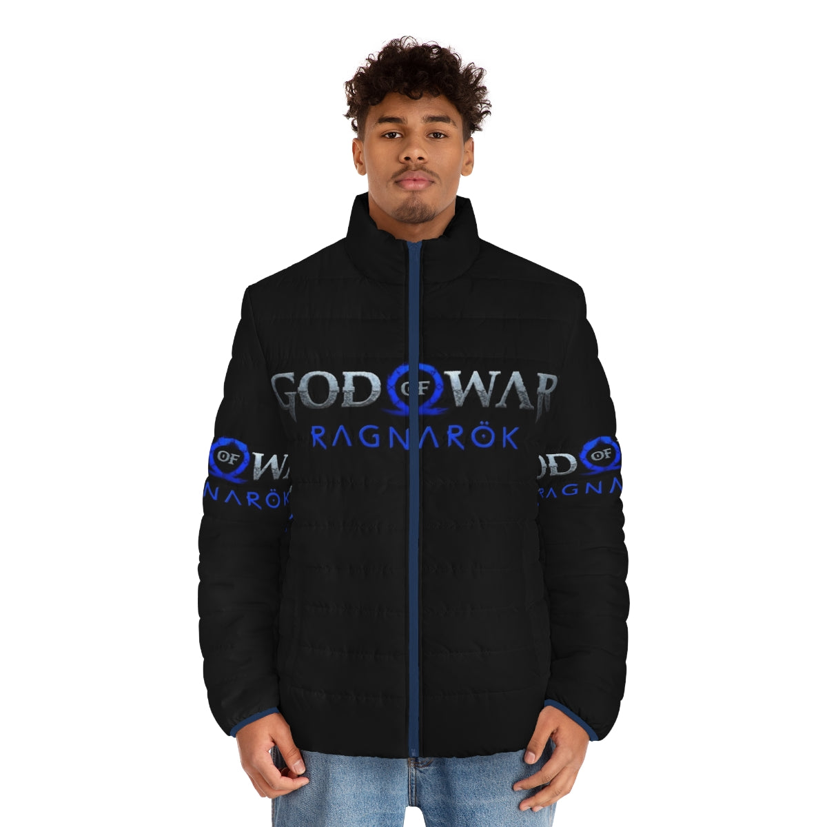 God of War Ragnarok Puffer Jacket featuring the iconic Norse mythology characters - men front