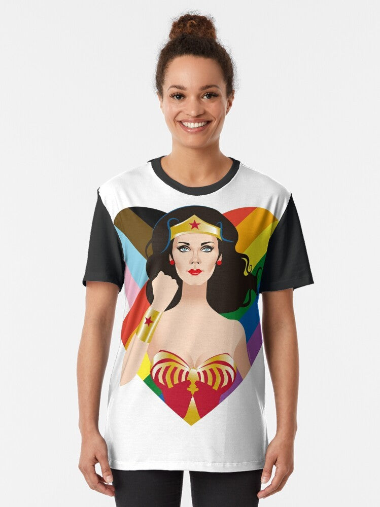 Pride LGBTQ Graphic T-Shirt featuring a colorful rainbow design and the words "Pride, Love, LGBTQ" - Women