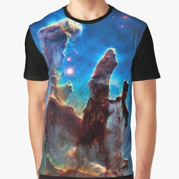 Pillars of Creation space science graphic t-shirt featuring the famous Hubble telescope image of the Eagle Nebula