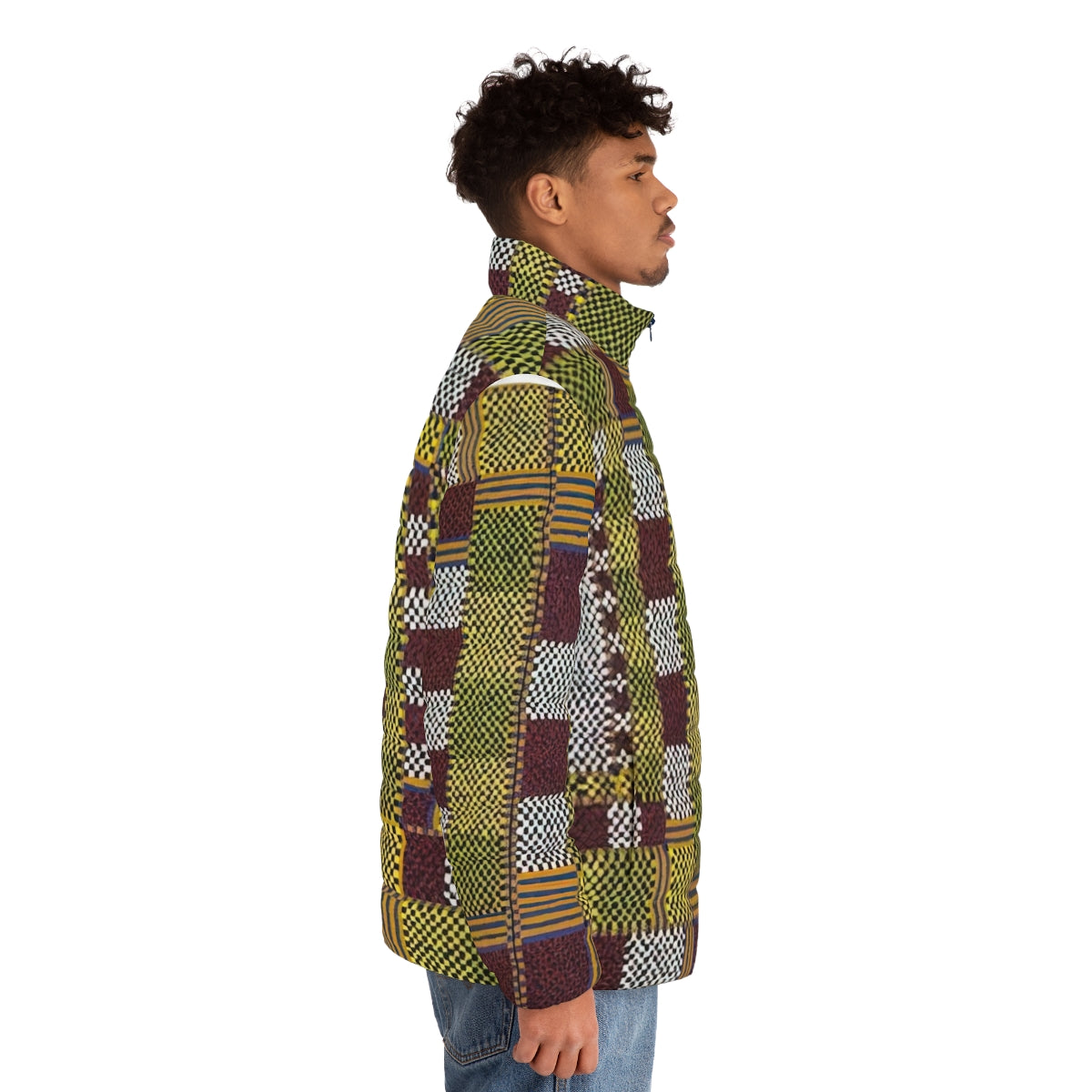 Puffer jacket with colorful geometric patterns inspired by the artwork of Alfred Jensen - men side right