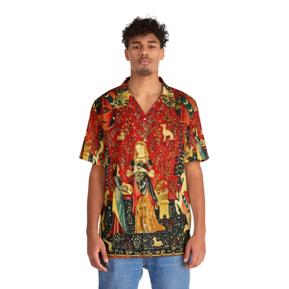 Elegant floral Hawaiian shirt featuring a mythical unicorn design - People Front