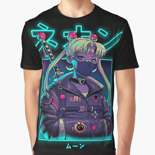 Neon Moon Samurai Warrior Graphic T-Shirt featuring a stylized design with a neon moon, samurai, and Japanese elements.