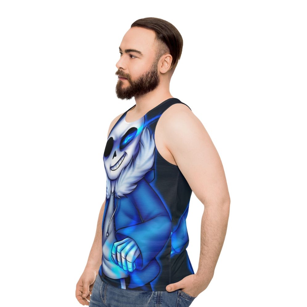 Glowing blue-eyed Sans skeleton unisex tank top - men side