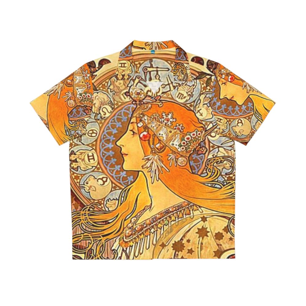 Alphonse Mucha Zodiac Hawaiian Shirt with Art Nouveau Floral Design