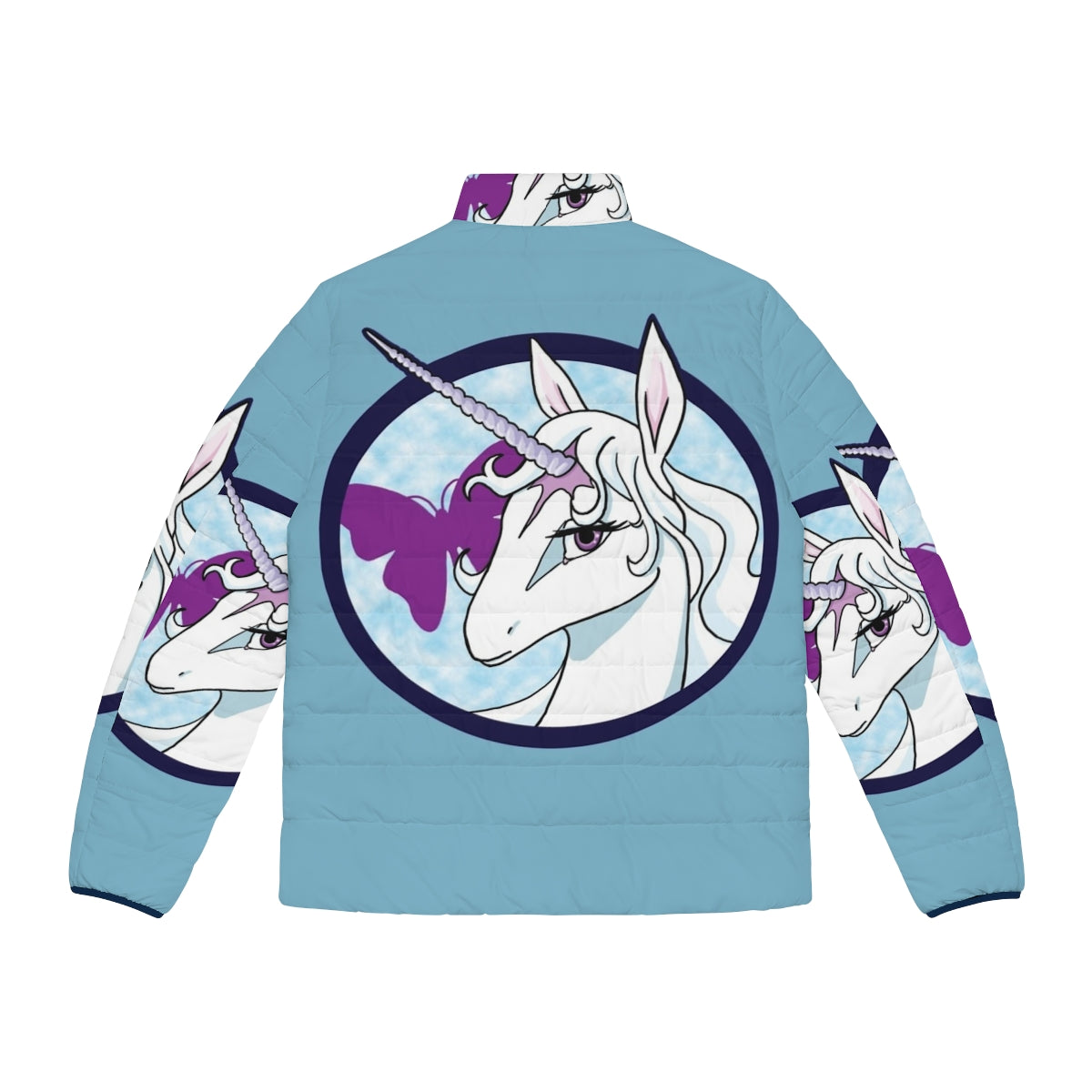 A cozy white and blue puffer jacket featuring the iconic unicorn from The Last Unicorn - Back