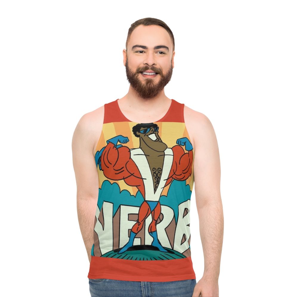 Unisex tank top with 1970s cartoon superhero verb design - men