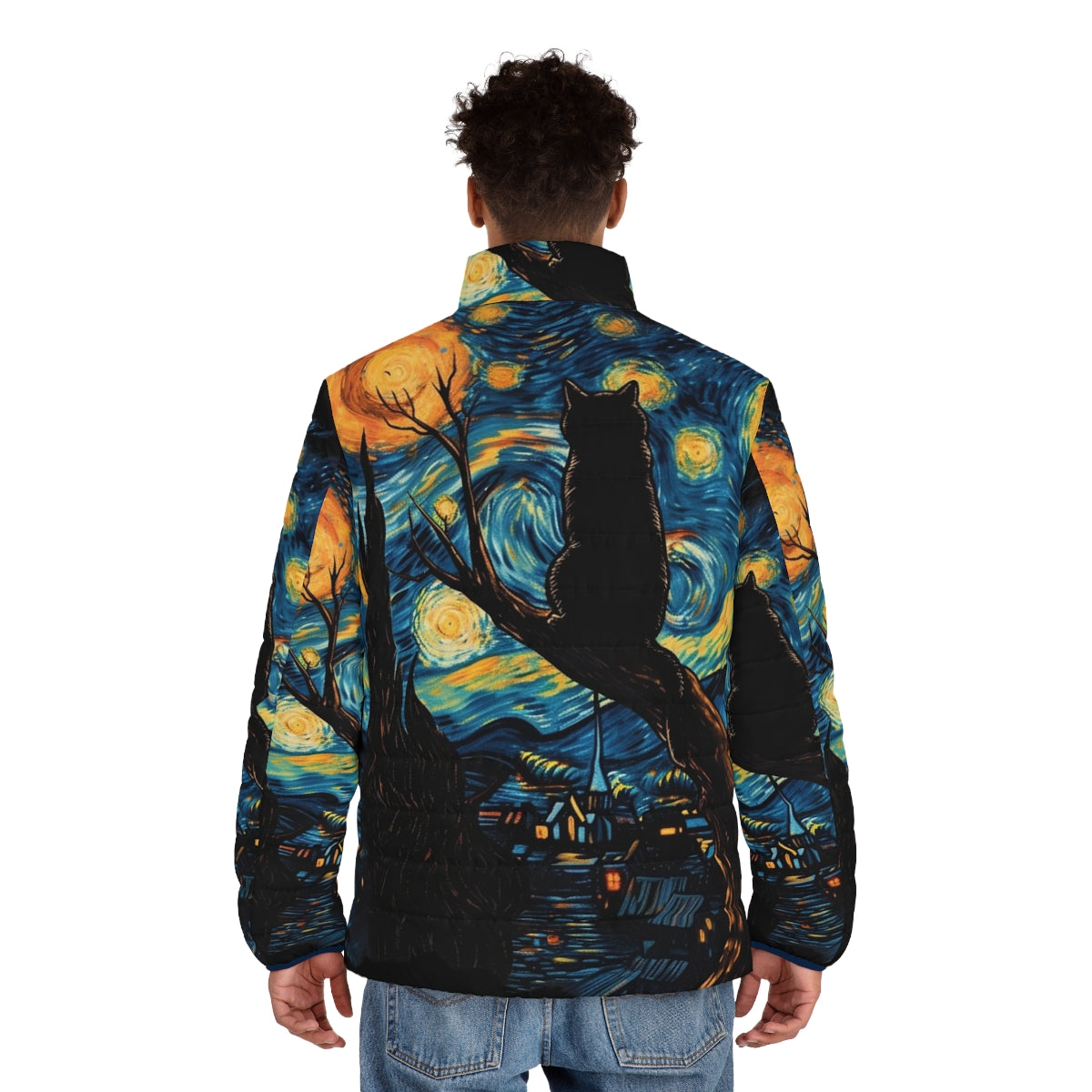 Vincent Van Gogh Starry Night inspired black cat puffer jacket - men back