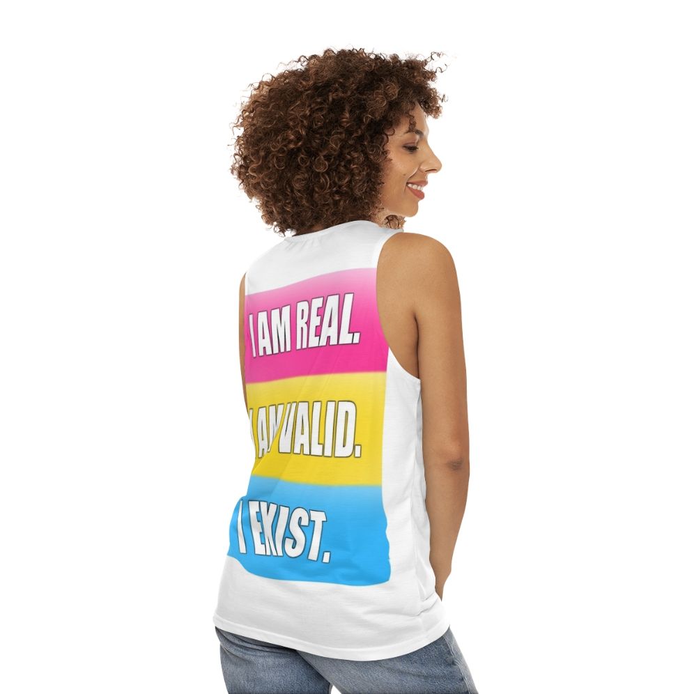 Pansexual pride unisex tank top with the text "I Am Real, I Am Valid, I Exist" - women back