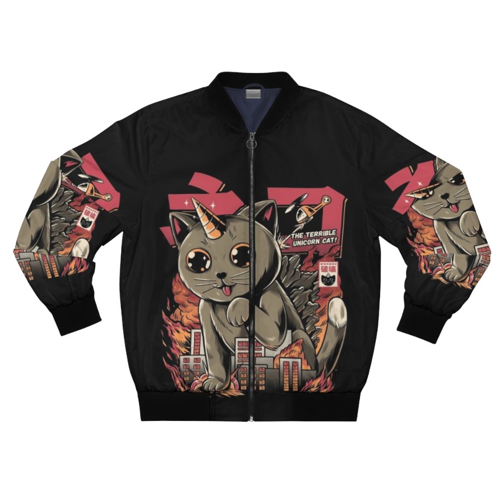 A bomber jacket featuring a cute cat in a kaiju-style design, perfect for fans of Japanese pop culture and monster movies.