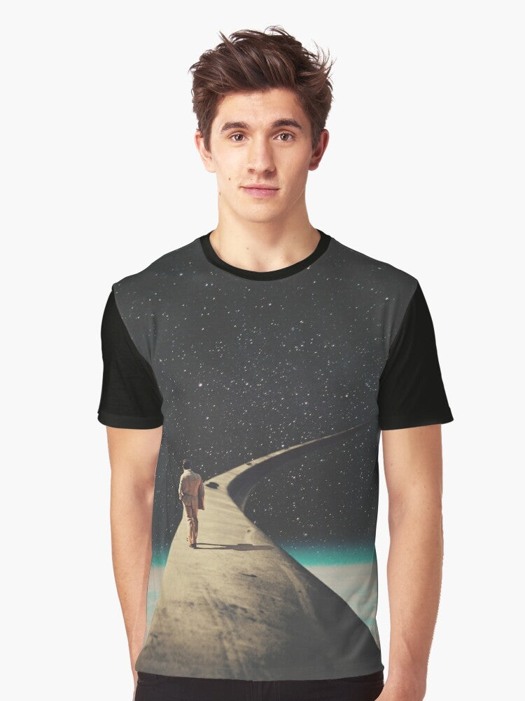 Vintage style graphic t-shirt featuring a surreal landscape with a lone wanderer on the road, symbolizing loneliness and the journey of life. - Men