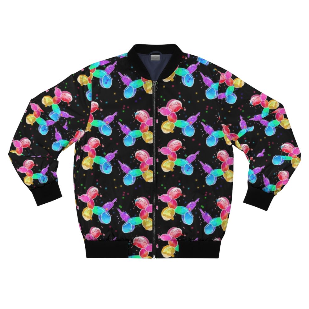 Watercolor design of balloon dogs on a black bomber jacket