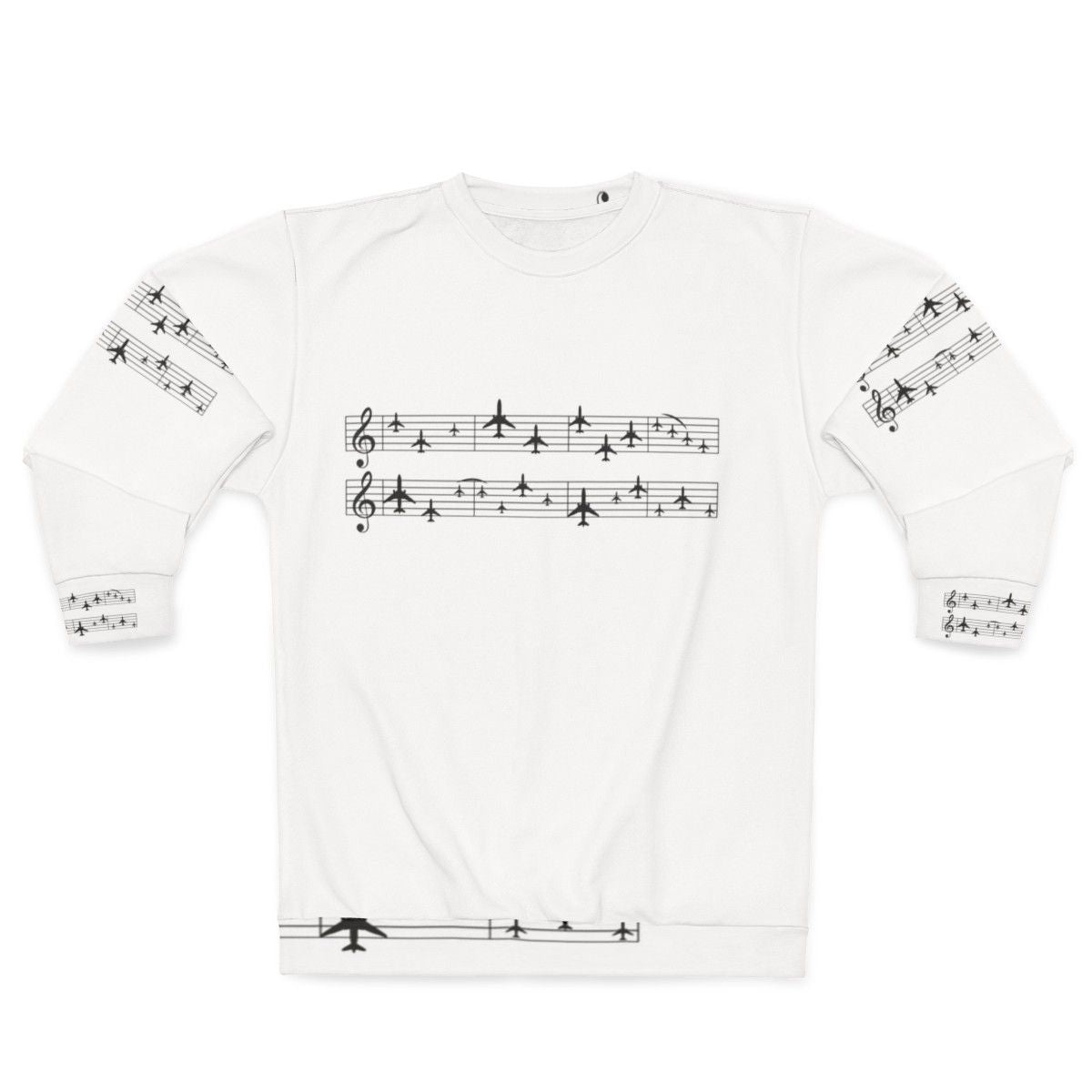 Music staff with airplanes graphic on a white sweatshirt