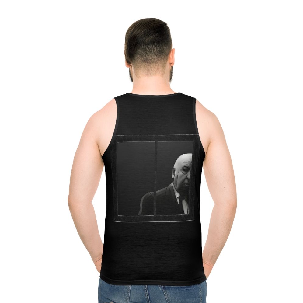 Alfred Hitchcock black and white graphic on a unisex tank top - men back