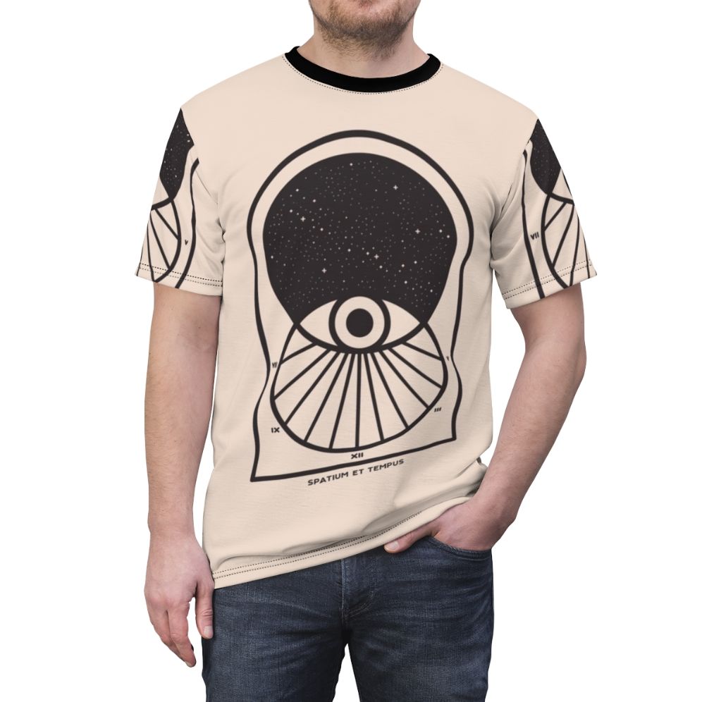 Minimalist graphic t-shirt design featuring space, time, and cosmic elements in a black and white, geometric style. - men front