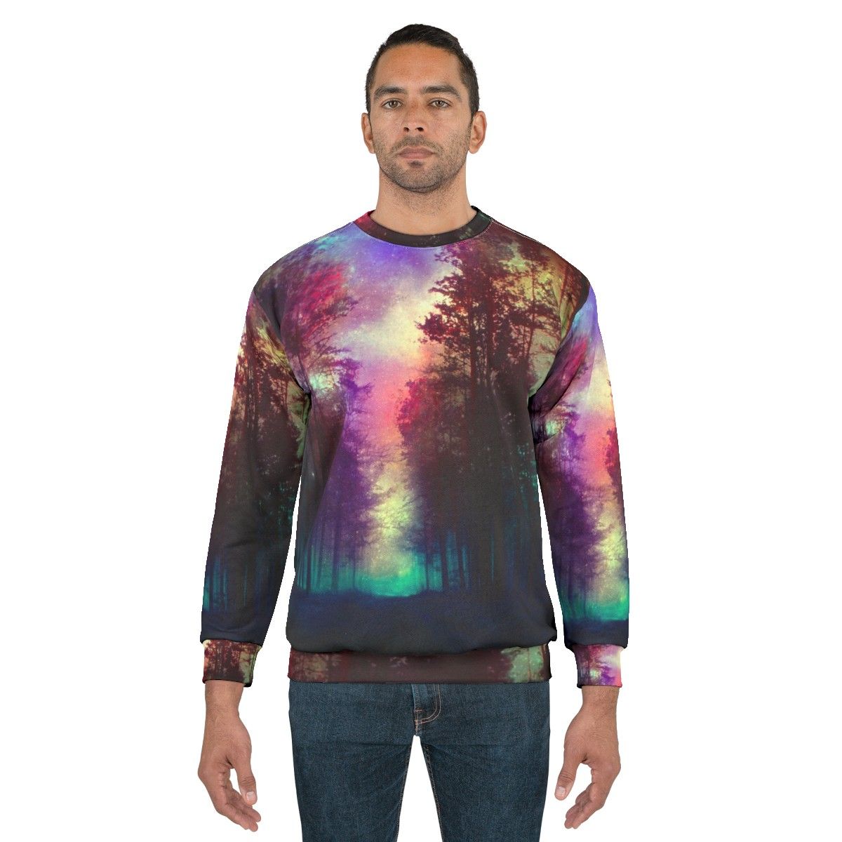 Magical forest sweatshirt featuring a scenic landscape design - men