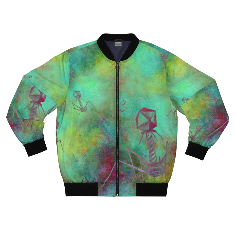 A bomber jacket featuring a graphic design of a bacteriophage, a virus that infects bacteria.