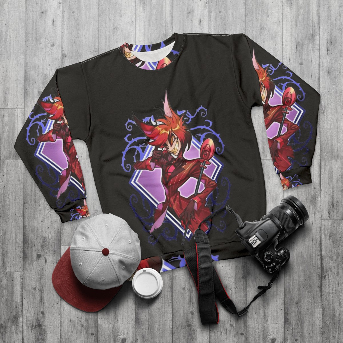 Hazbin Hotel Alastor Sweatshirt featuring chibi-style illustrations of the character - flat lay