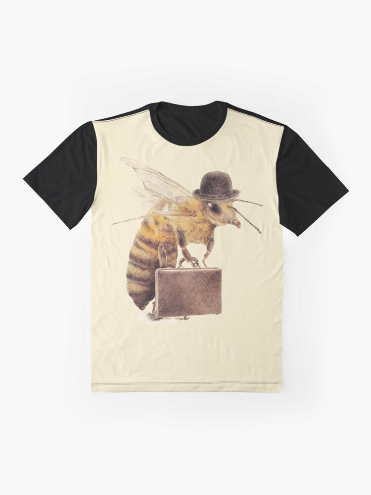 A graphic t-shirt design featuring a worker bee character in a yellow bowler hat and briefcase, illustrating the busy life of a corporate worker. - Flat lay