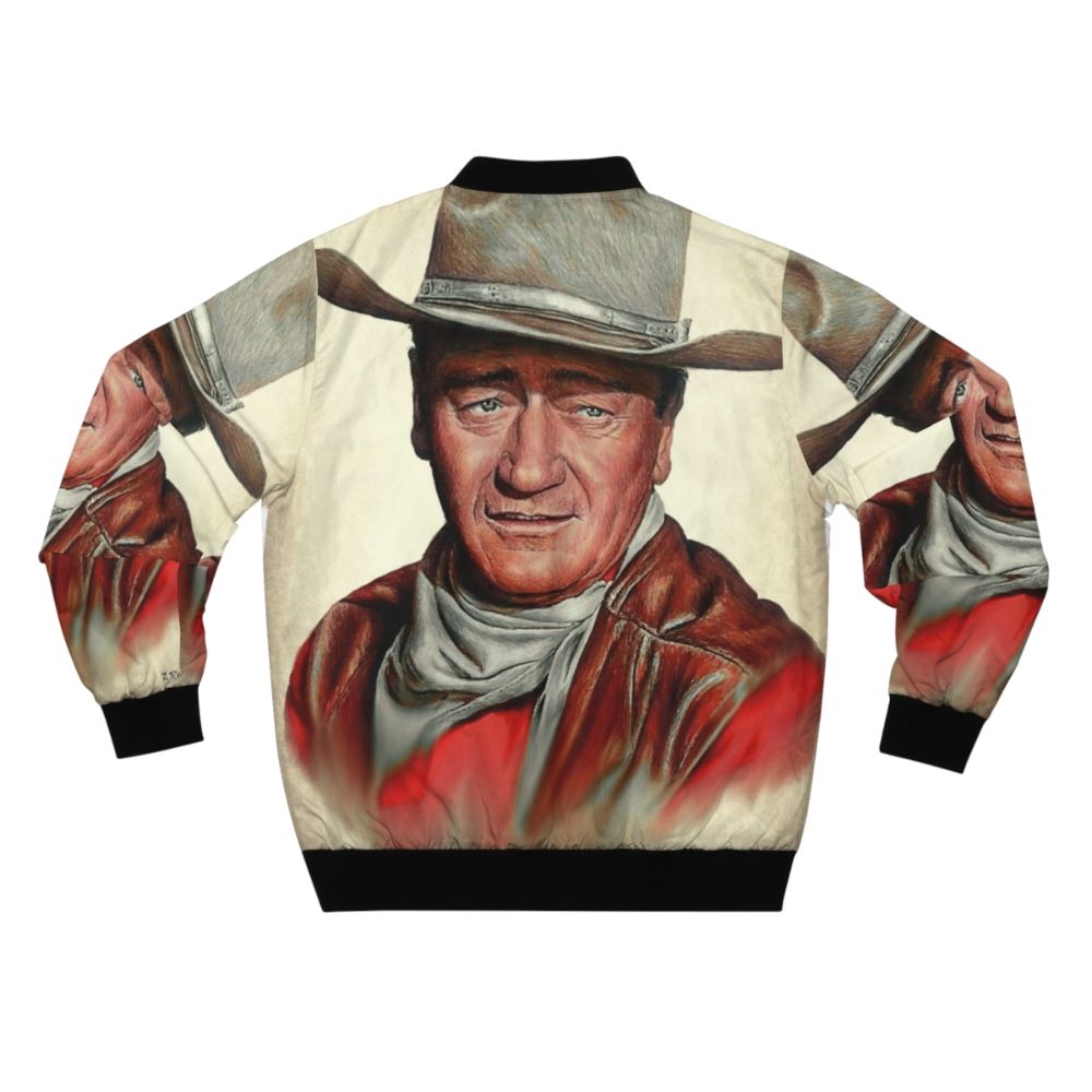 Western Icons 2 Duke Bomber Jacket featuring an iconic portrait of legendary actor John Wayne in a retro, vintage style. - Back