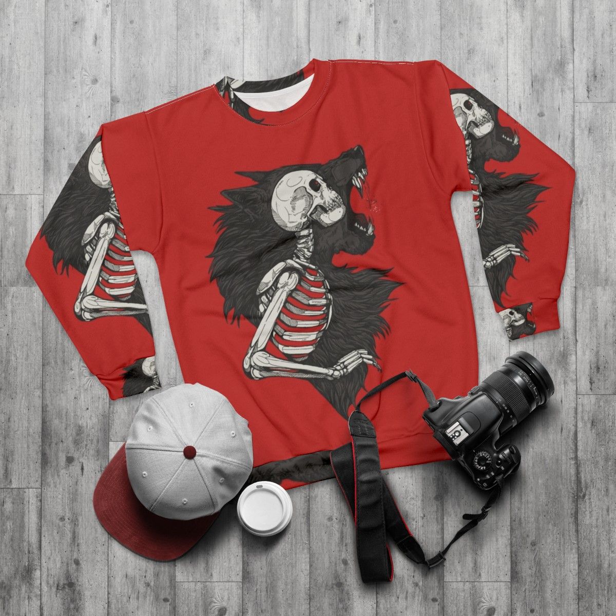 Lilith's Brethren Gothic Horror Sweatshirt with werewolf, skeleton, and vampire elements - flat lay