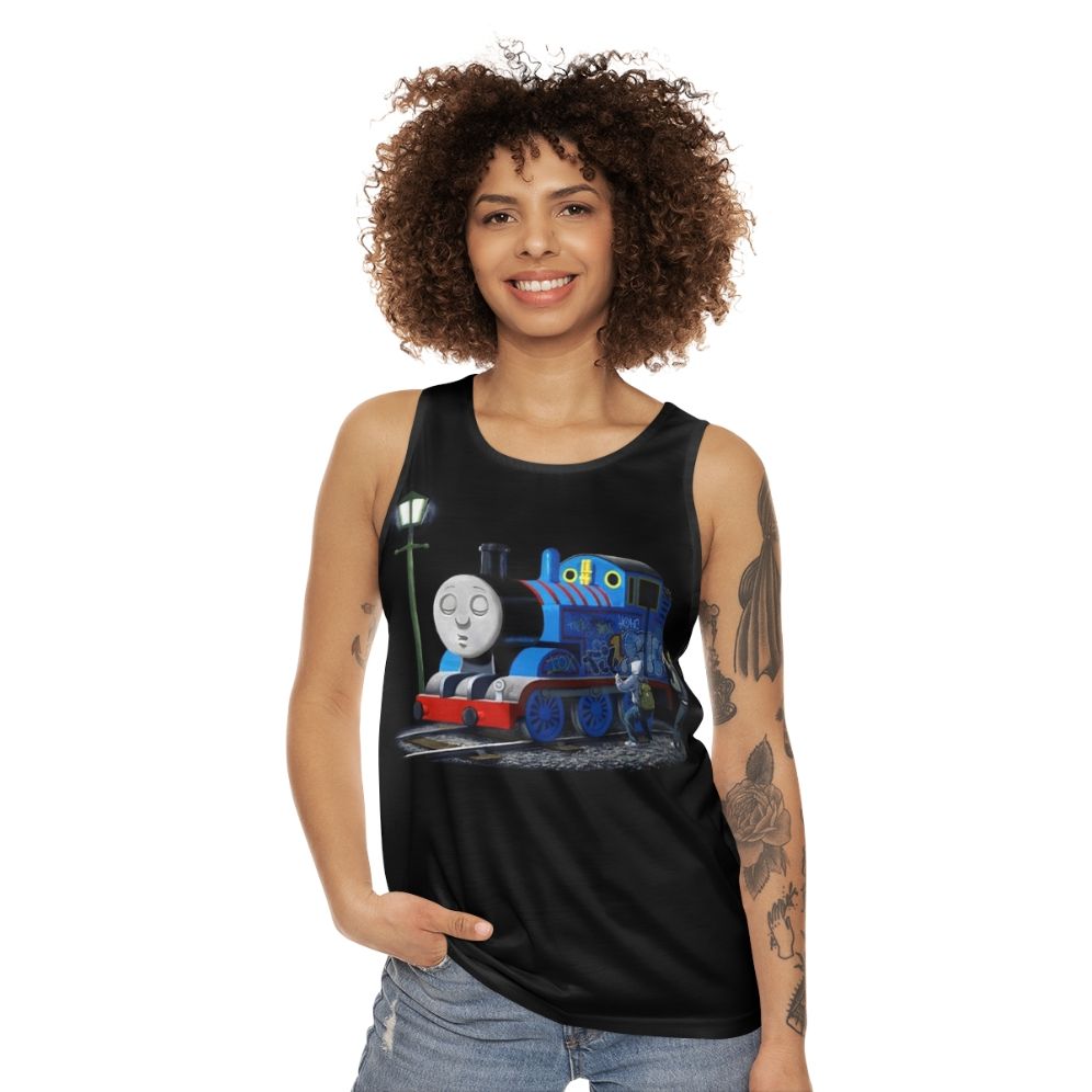 Banksy-inspired Thomas the Tank Engine graffiti unisex tank top - women