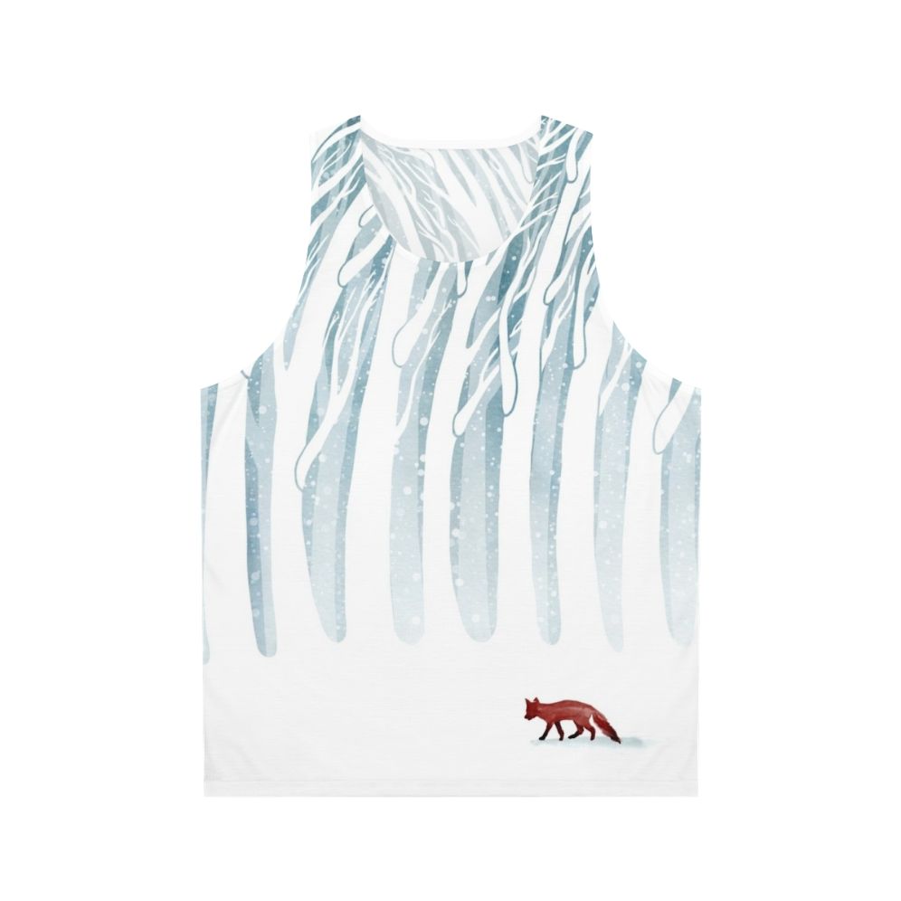 Unisex tank top with a snowy forest and fox design