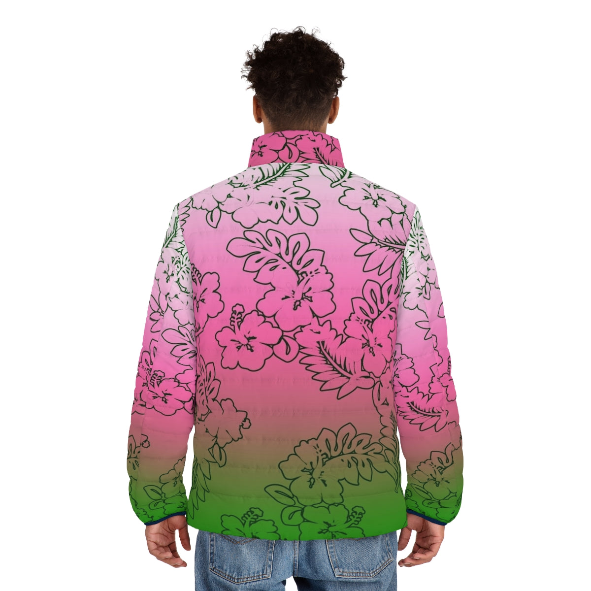 Ombre pink, green, and white puffer jacket with hibiscus flower design - men back