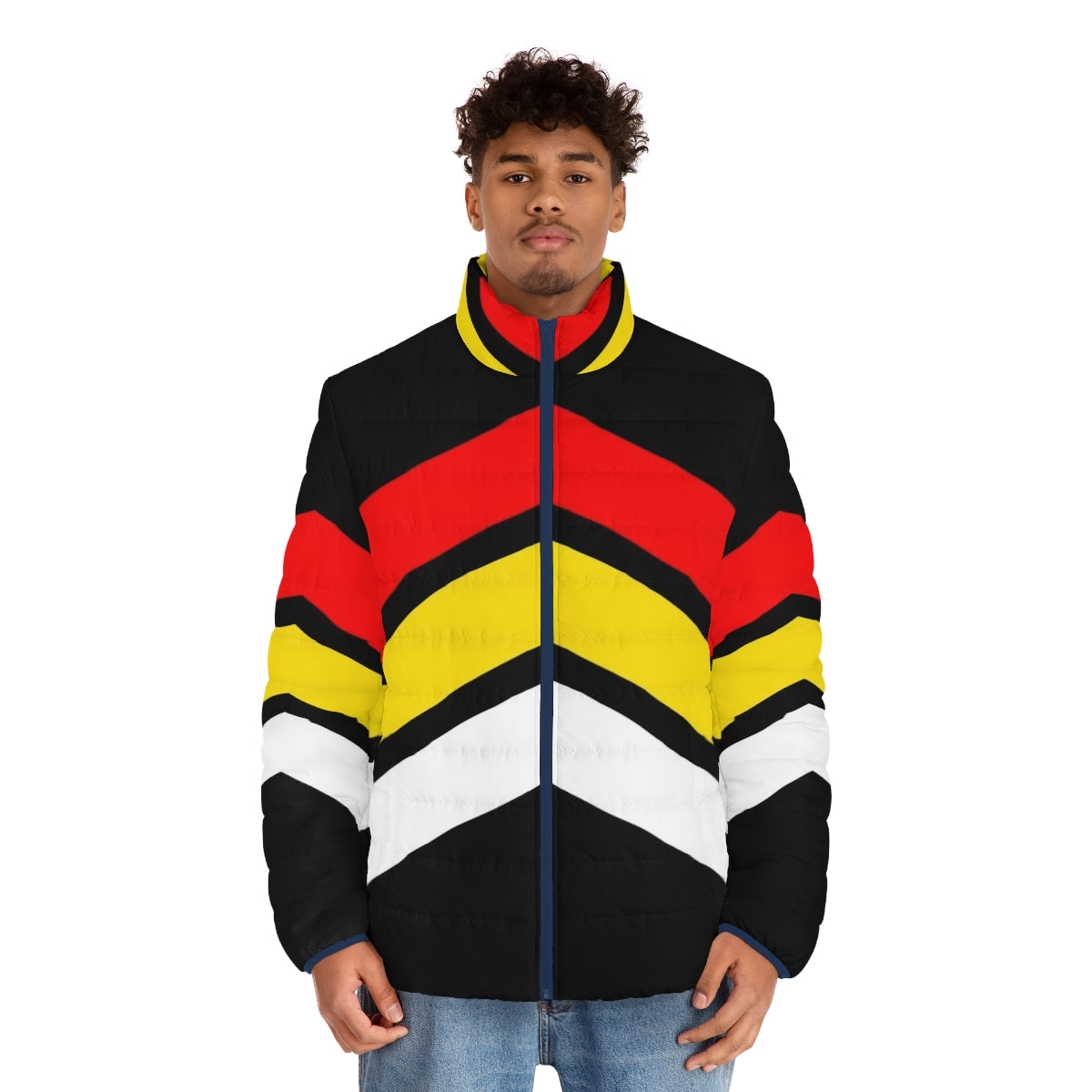 Commotion Stripes Geometric Puffer Jacket in vibrant red, yellow, and white colors - men front