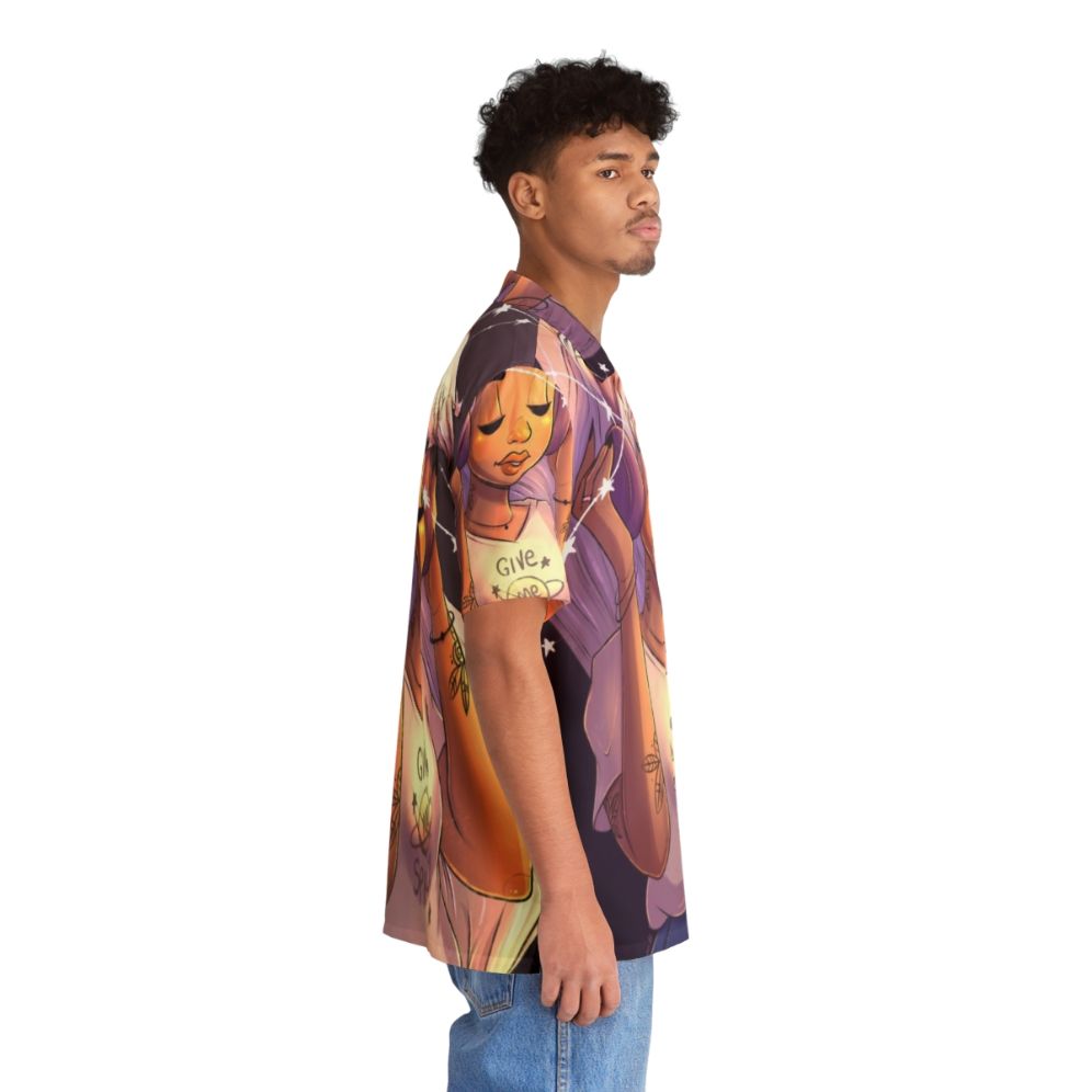 Woman wearing a give me space galaxy print hawaiian shirt - People Pight