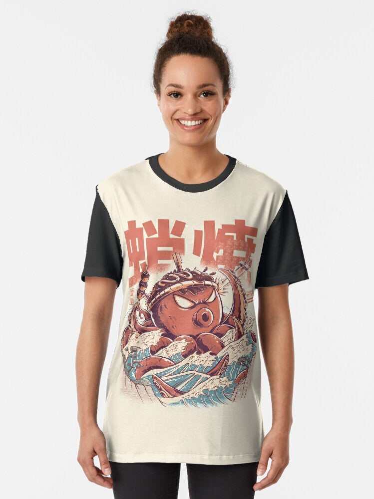 Takoyaki Graphic T-Shirt featuring a retro, vintage-inspired design with a kaiju-like creature and Japanese kanji - Women