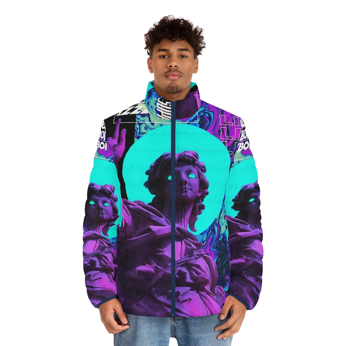 Vaporwave inspired puffer jacket with futuristic cyberpunk design - men front