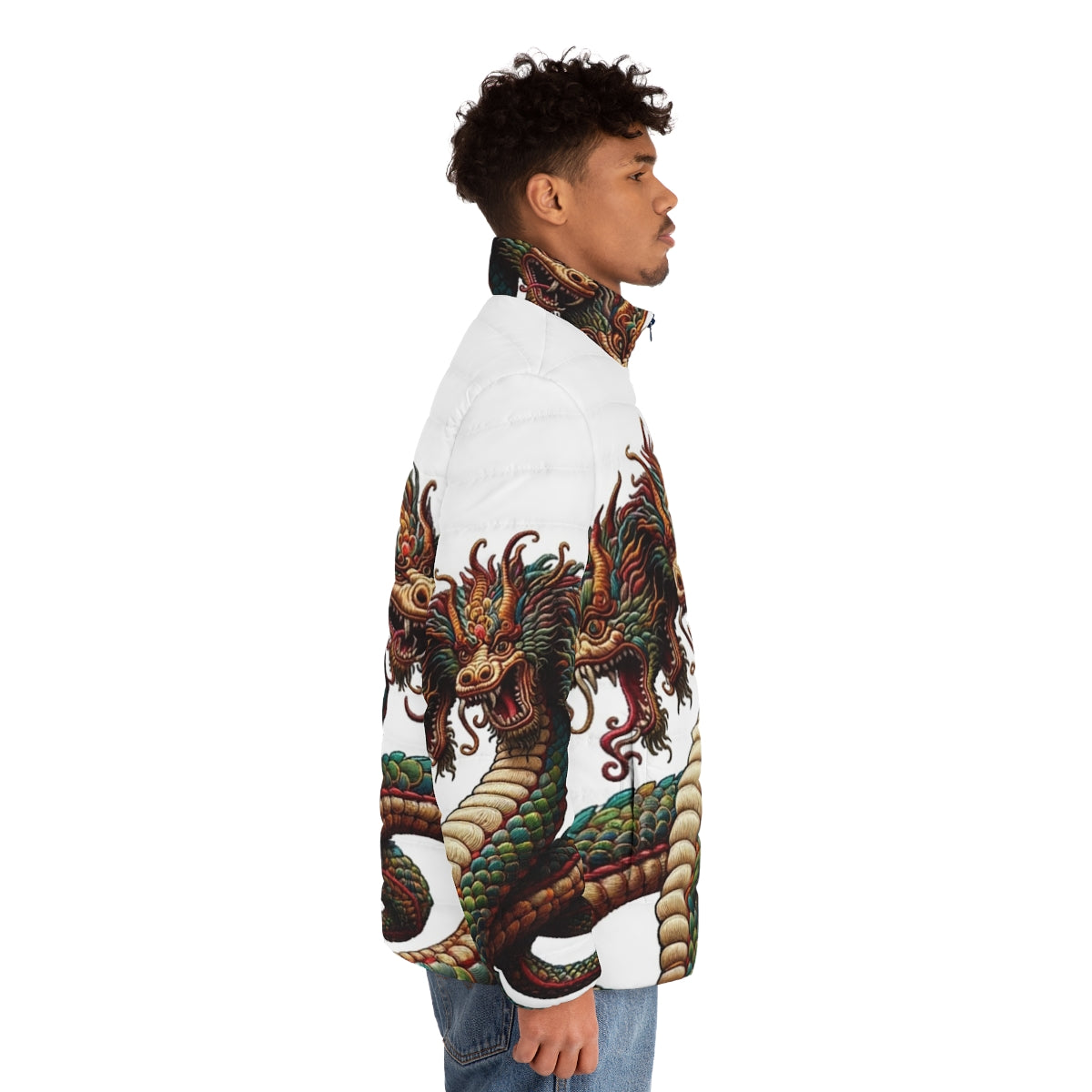 Embroidered hydra puffer jacket with legendary creature design - men side right