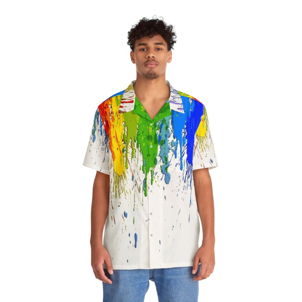 Vibrant colorful Hawaiian shirt with dripping paint art design - People Front