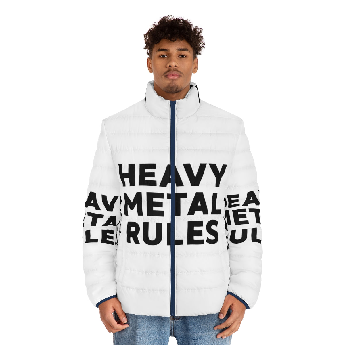 Heavy Metal Rules Raglan Baseball Puffer Jacket featuring a bold graphic design for metalheads - men front