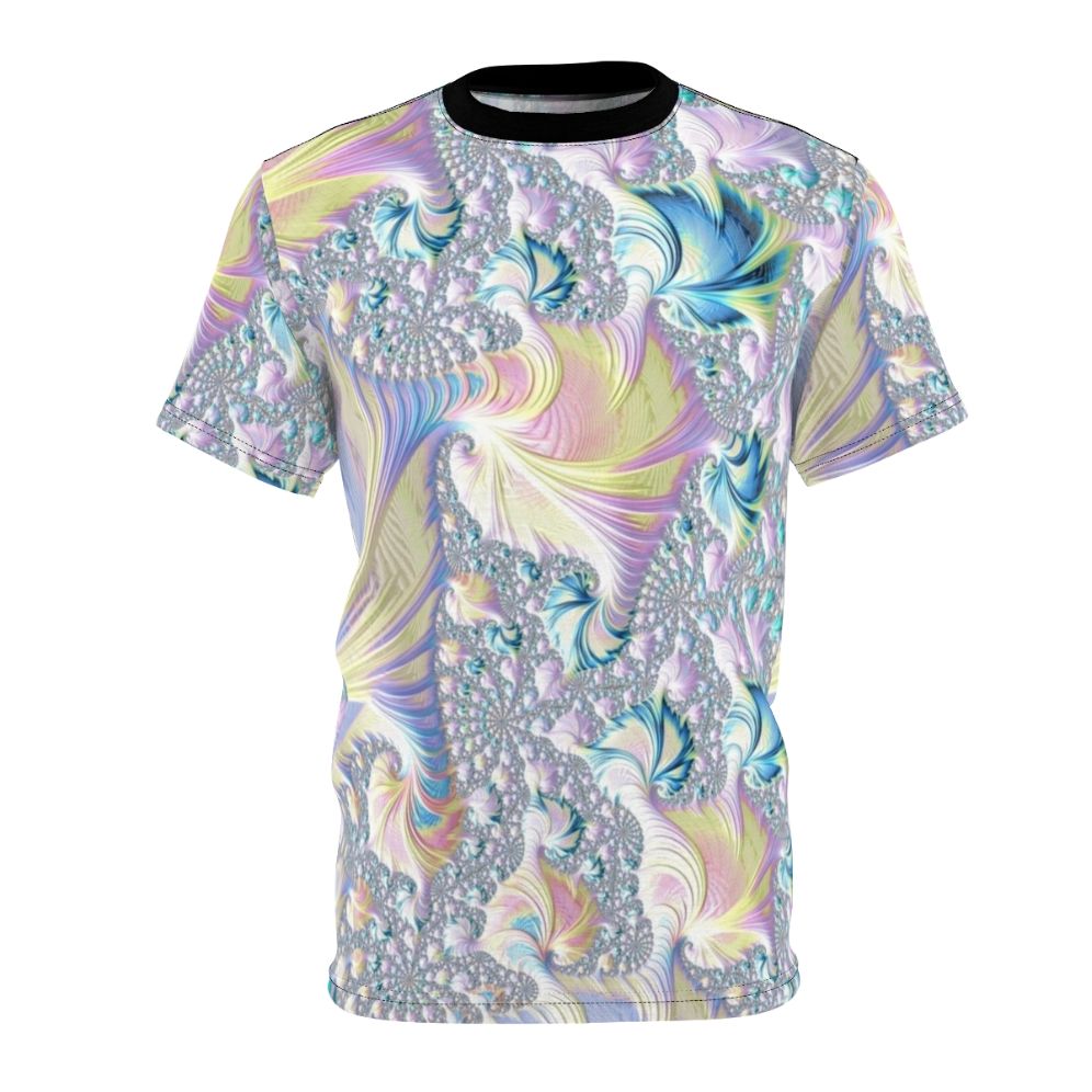 Pastel fractal t-shirt featuring a vibrant, abstract, psychedelic spiral pattern