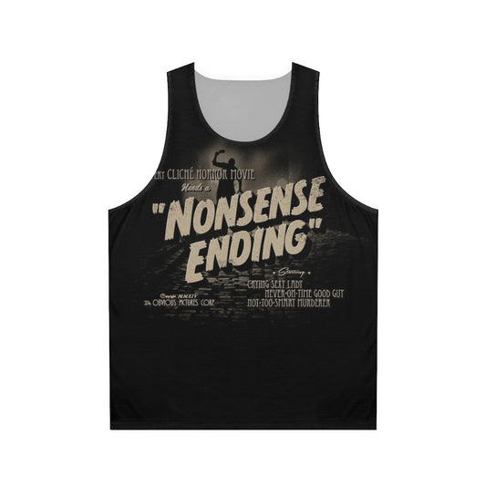 Unisex tank top with "Nonsense Ending" horror movie cliché design