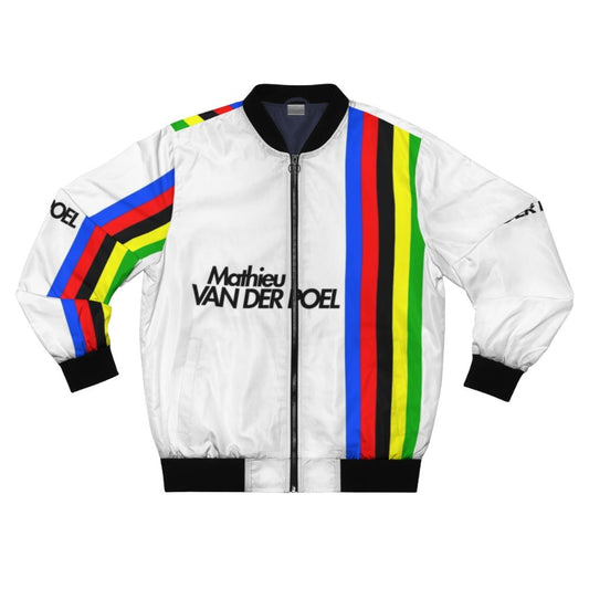 Mathieu van der Poel wearing a cycling bomber jacket with world championship design