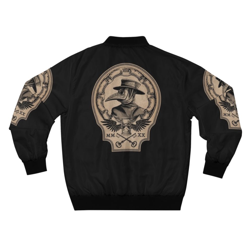 Vintage gothic plague doctor bomber jacket with raven, hourglass, and time motifs - Back