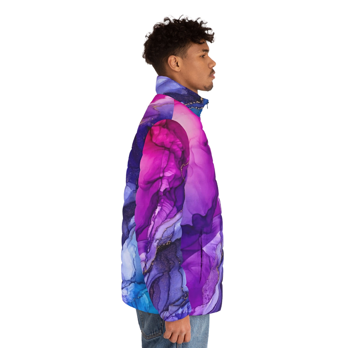 Vibrant abstract rainbow ombre puffer jacket with fluid art inspired design - men side right