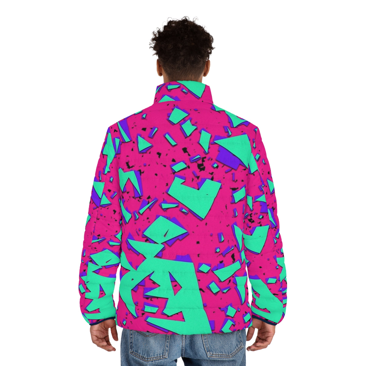 Teal and pink 90s inspired abstract geometric pattern puffer jacket - men back