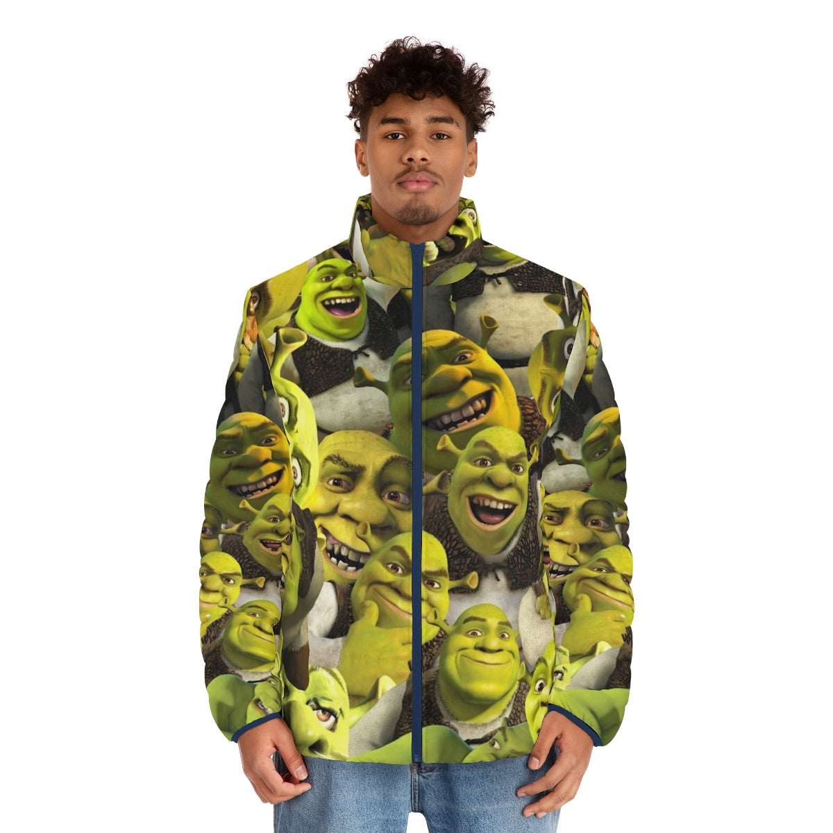 Shrek Collage Puffer Jacket featuring vibrant Shrek-inspired graphics and a playful, trendy design - men front