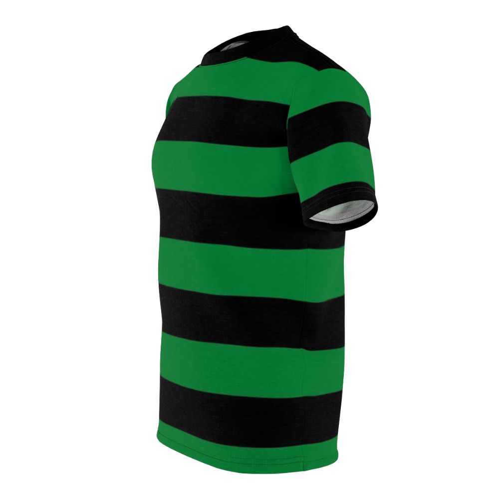 Stylish green and striped t-shirt with a unique horizontal stripe pattern design - men left