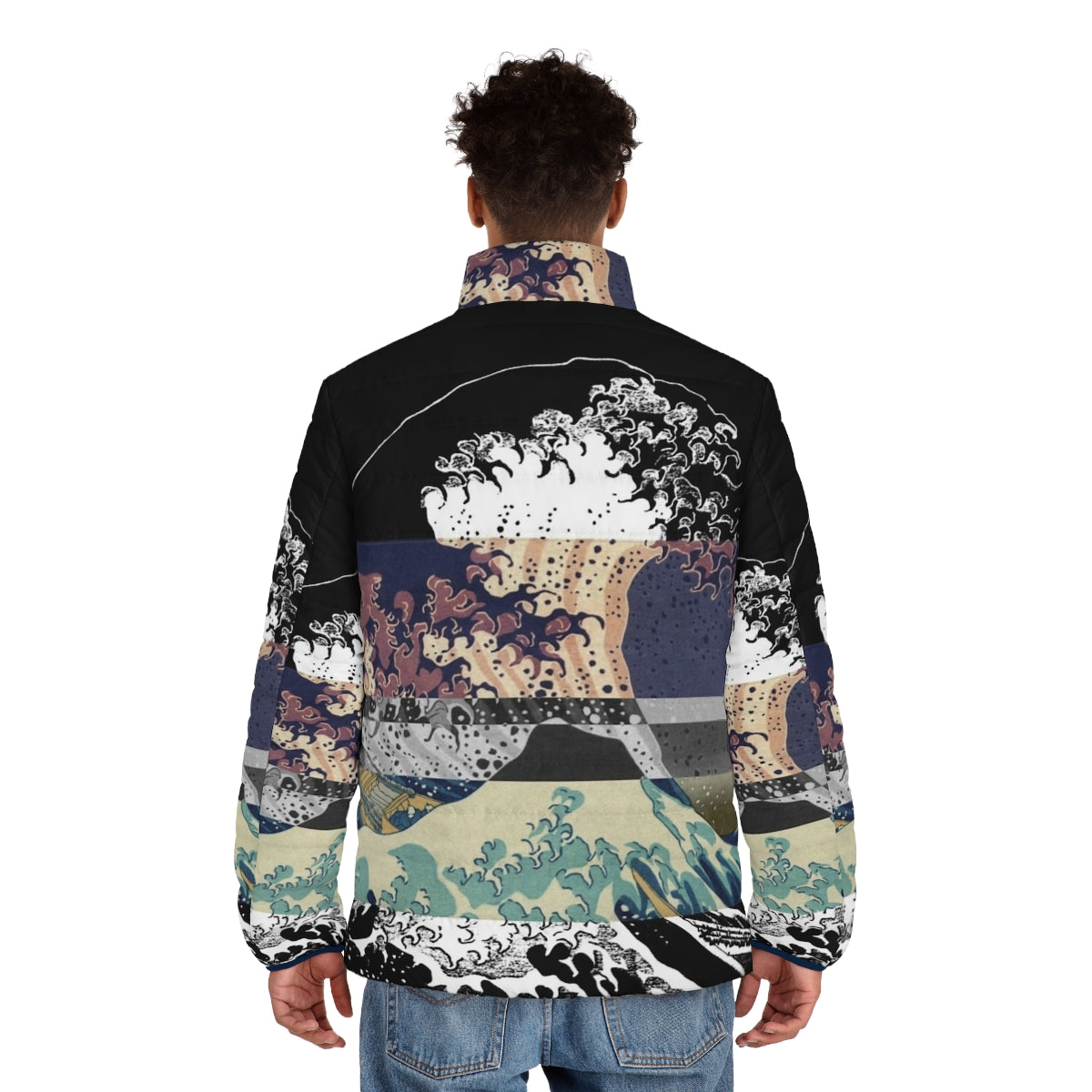 A puffer jacket featuring the iconic "Great Wave off Kanagawa" design with a color glitch effect, inspired by Japanese art and Tumblr aesthetics. - men back