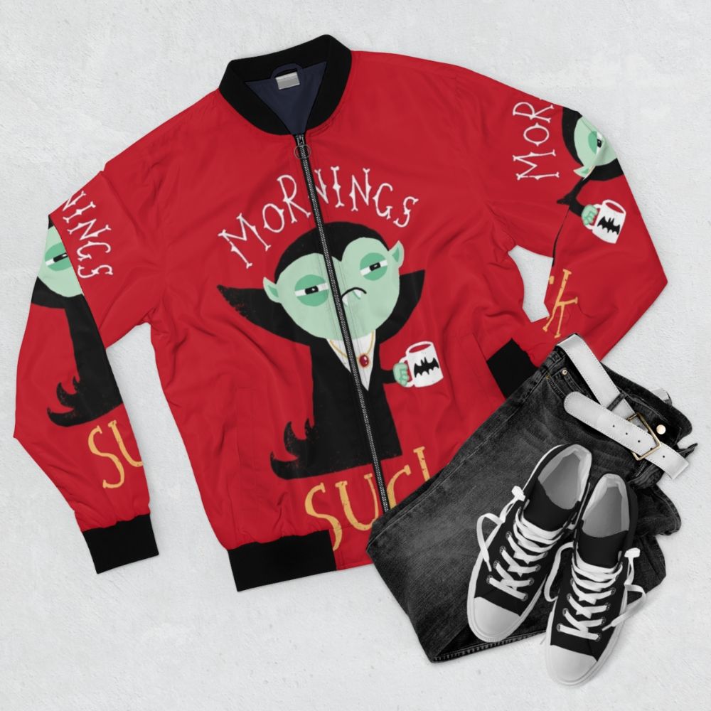 Vampire-themed "Mornings Suck" bomber jacket with a playful, cute design - Flat lay