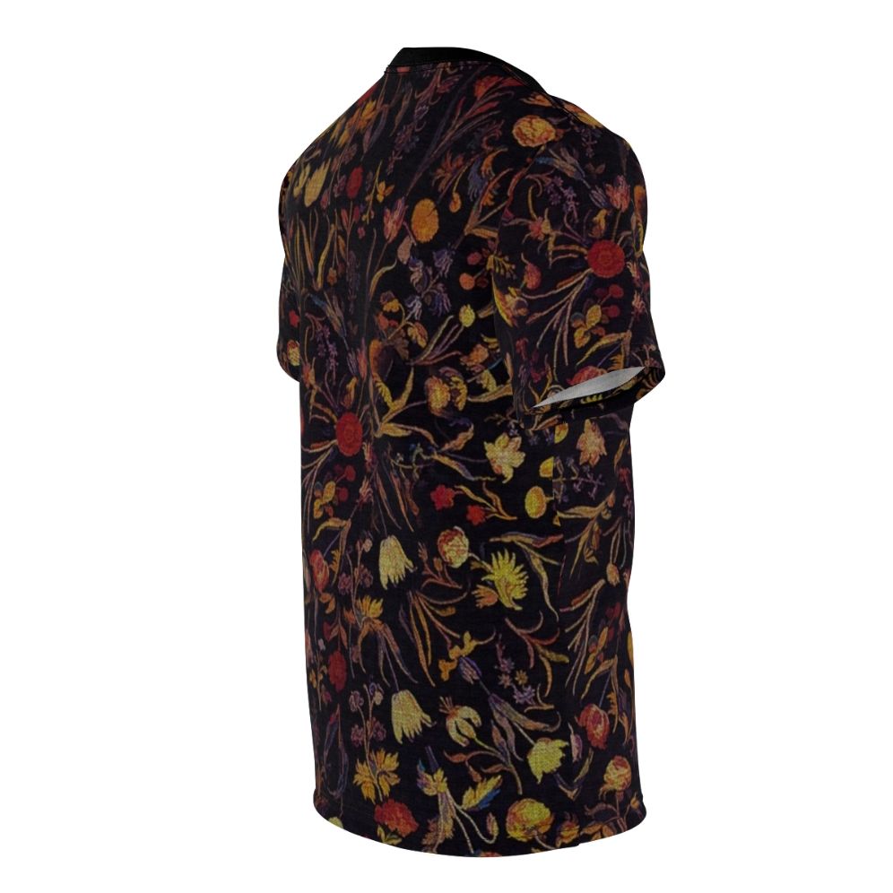 Enchanted midnight botanical floral print on a T-shirt - men right