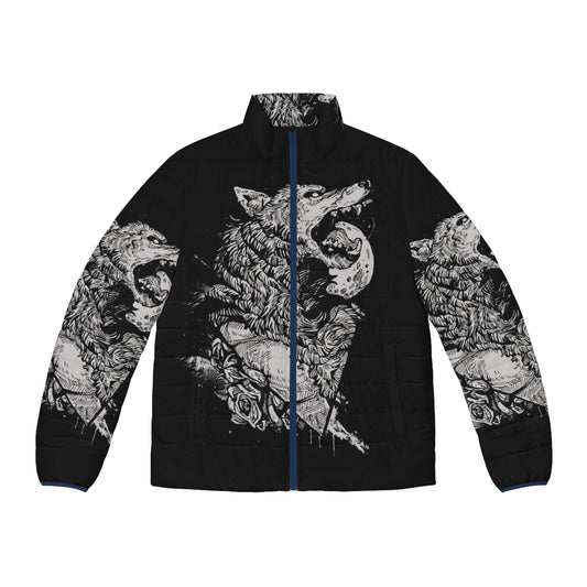 Werewolf-inspired puffer jacket with wolf and tattoo design