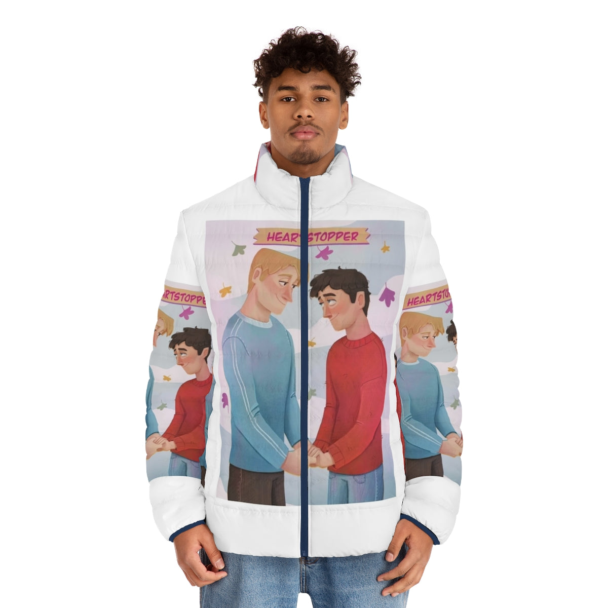 Heartstopper inspired puffer jacket featuring Charlie Spring and Nick Nelson character art - men front