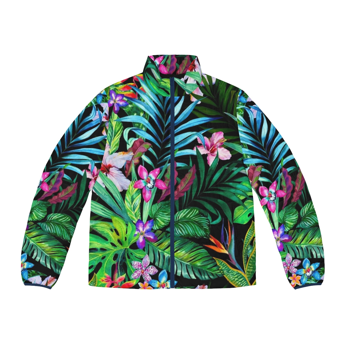 Tropical Fest Puffer Jacket with vibrant floral and leaf pattern