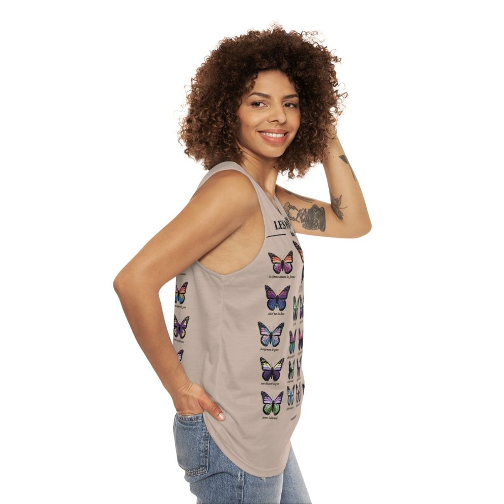 Unisex tank top with a butterfly design for LGBTQ+ pride - women side