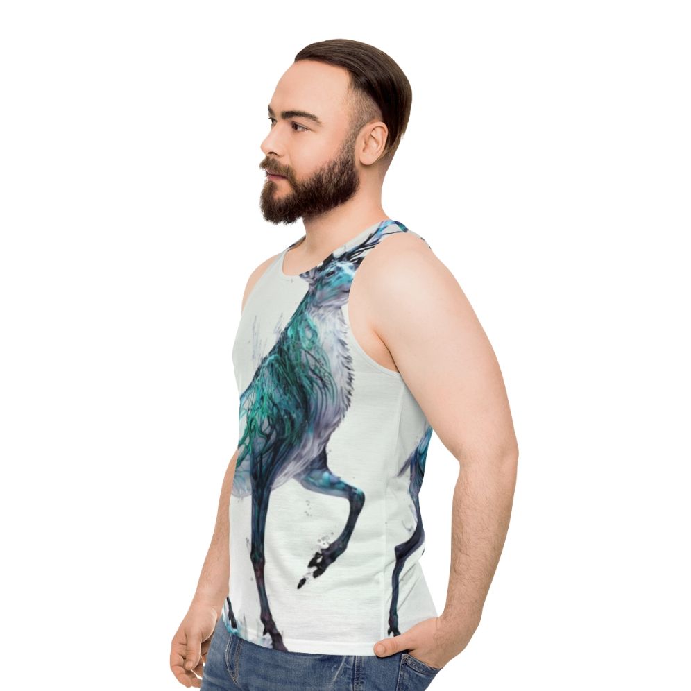 Unisex tank top with a holographic, prancing stag design - perfect for the holidays - men side